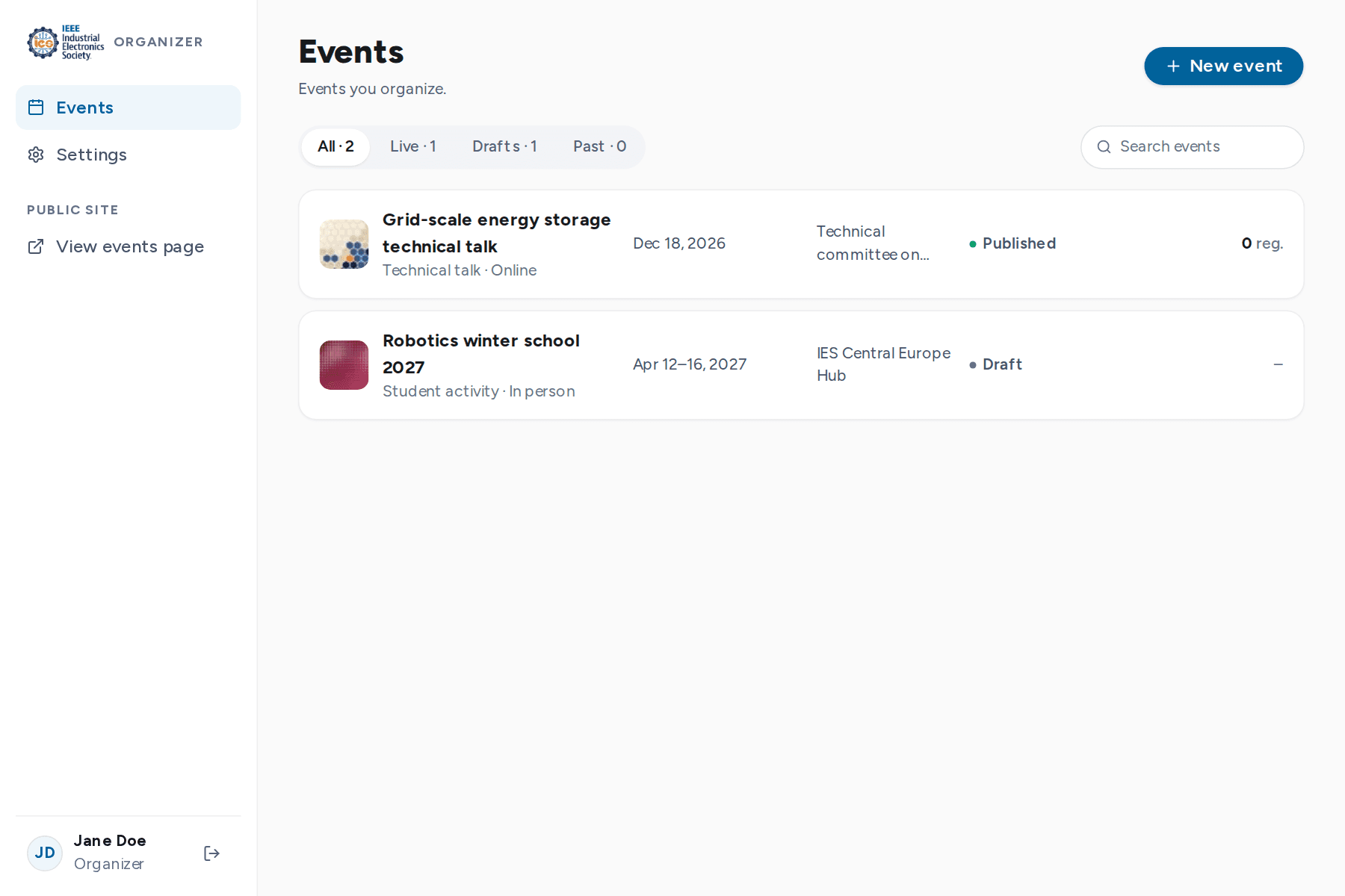 My events list with a published event and a draft