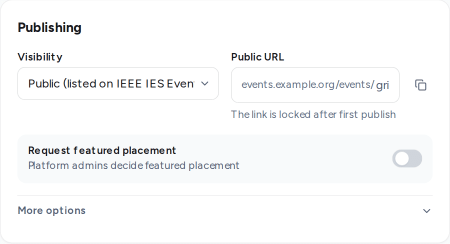 Publishing card with visibility, public URL and featured placement