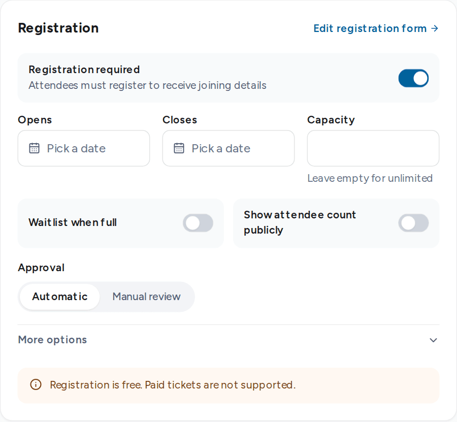 Registration card with dates, capacity, waitlist and approval settings