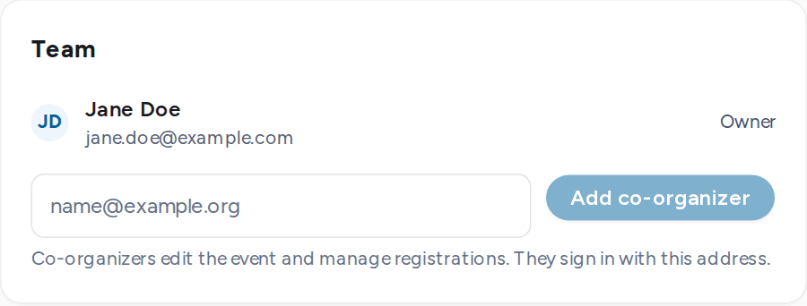 Team card with the owner and an email field to add a co-organizer
