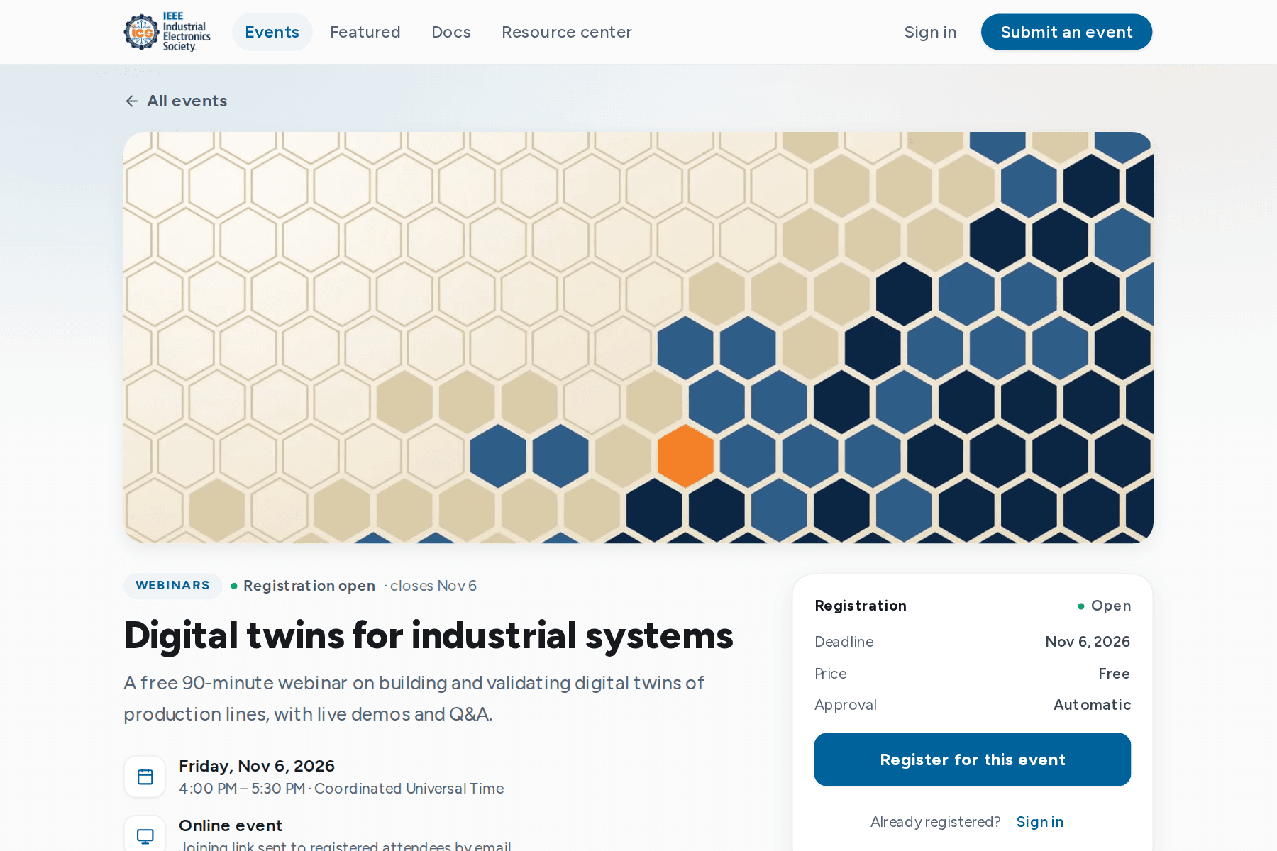 Event page with the cover image and the registration card