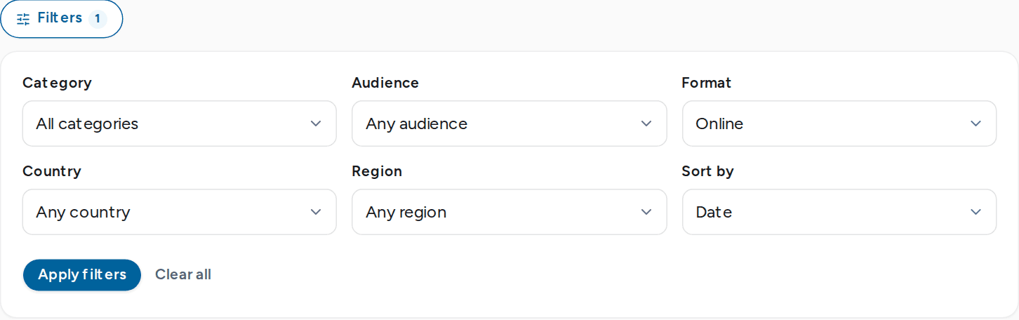 Filter panel open over the events list