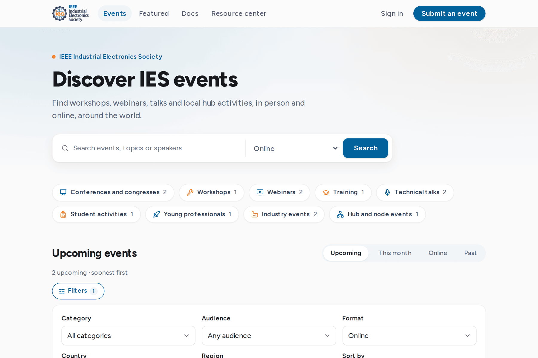 Events page filtered to online events, with the search box and category pills