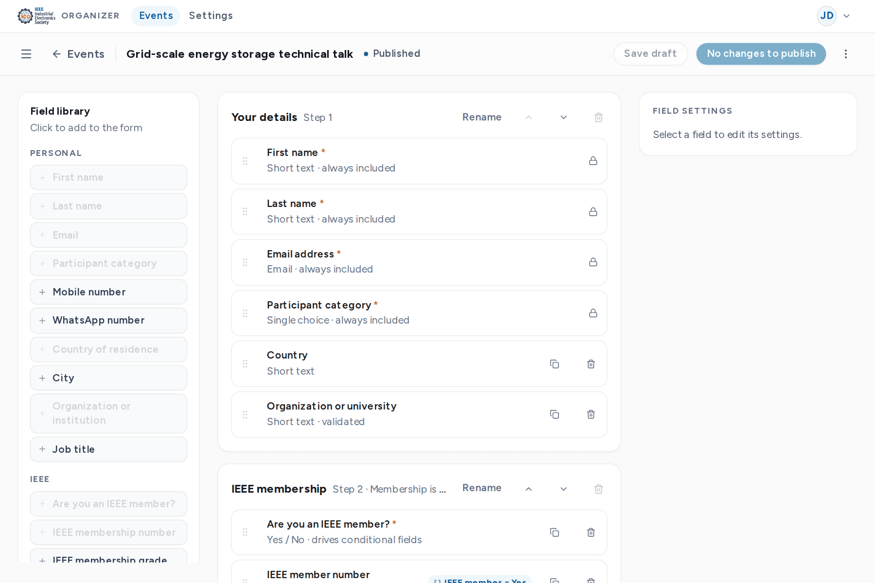 Form builder with the field library, the canvas and the inspector