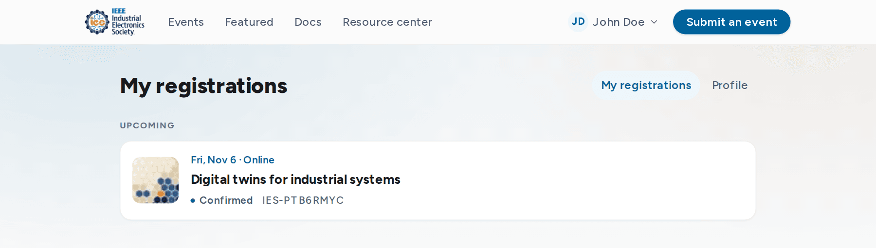 My registrations page listing a confirmed registration