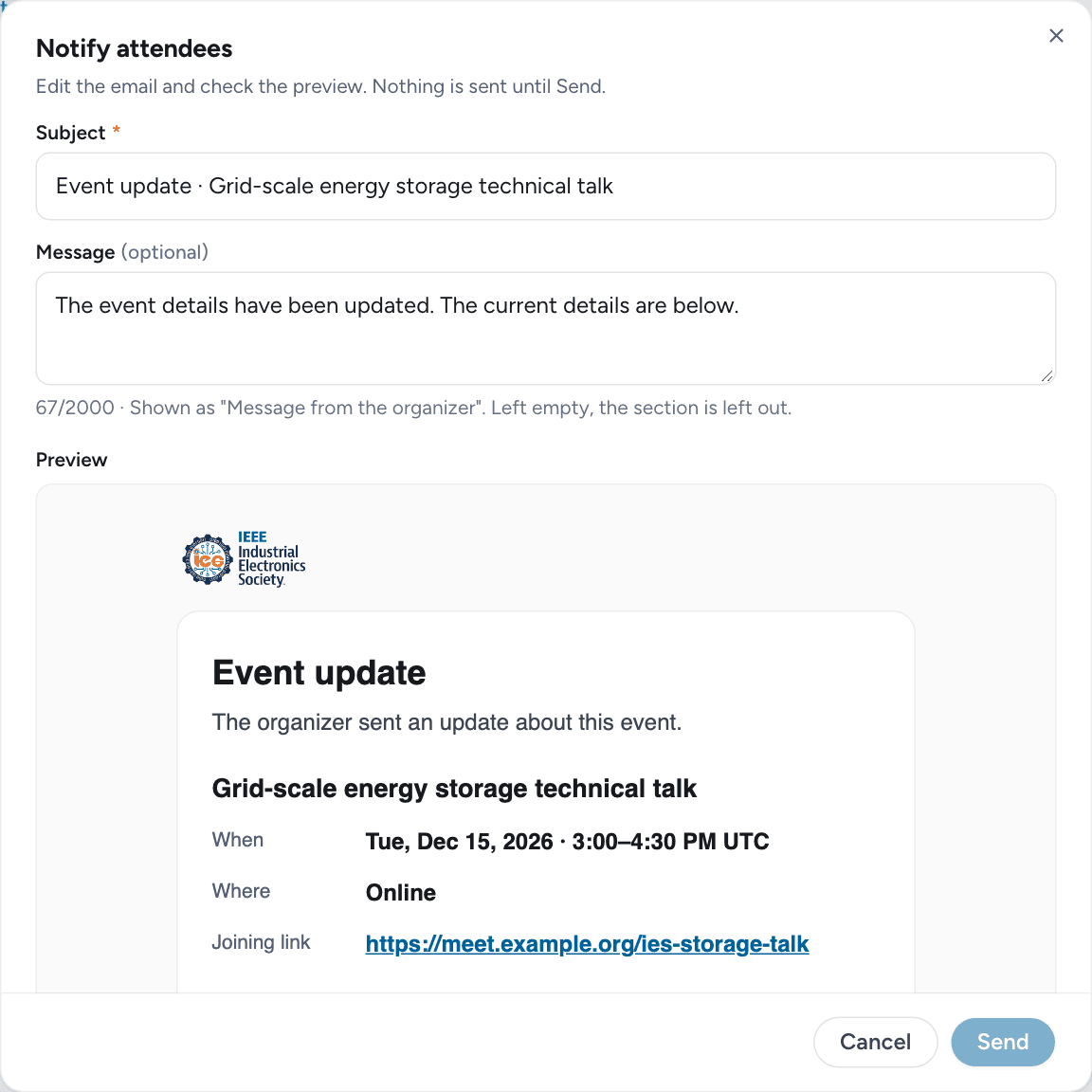 Notify attendees dialog with subject, message and email preview