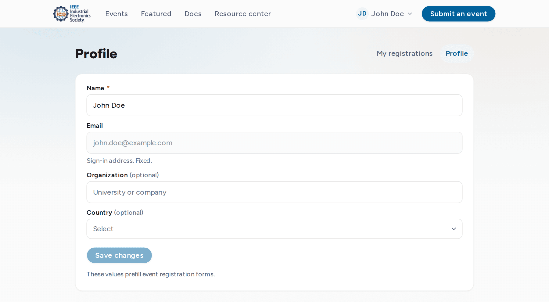 Profile page with name, organization and country fields