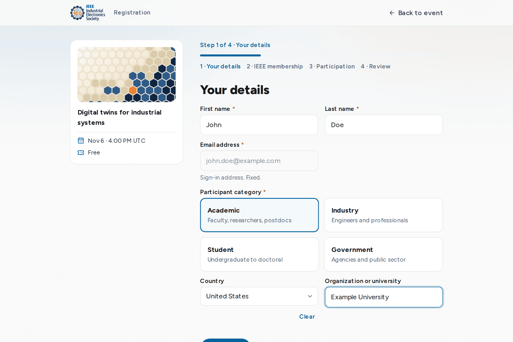 Your details step with name, participant category and country