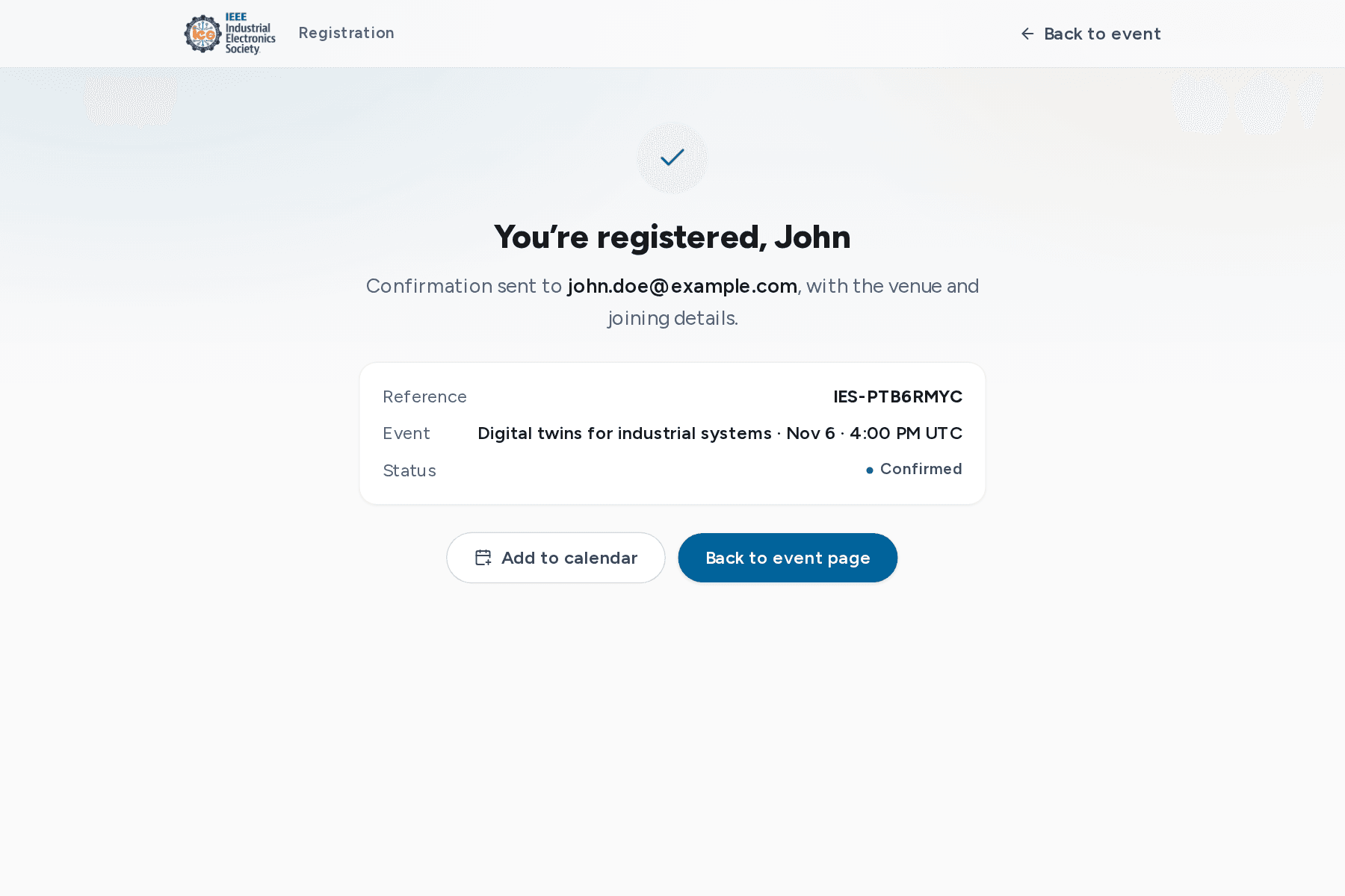 Registration confirmed screen with the reference code