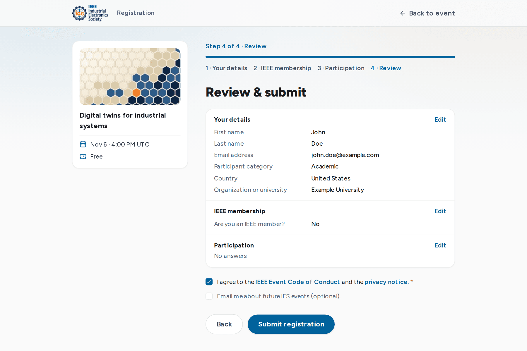 Review and submit step with answers and consent checkboxes