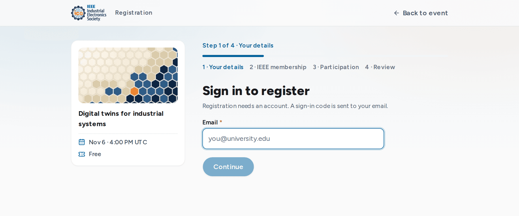 Sign in to register step with the event summary on the left