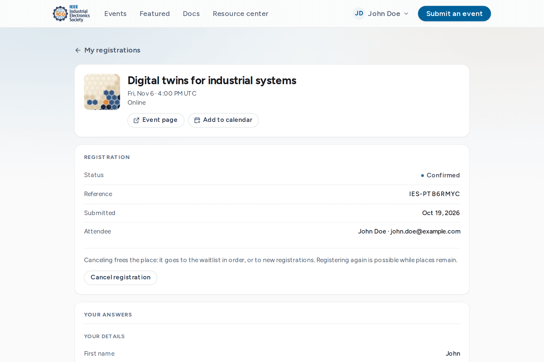 Registration detail page with answers, consents and the cancel button