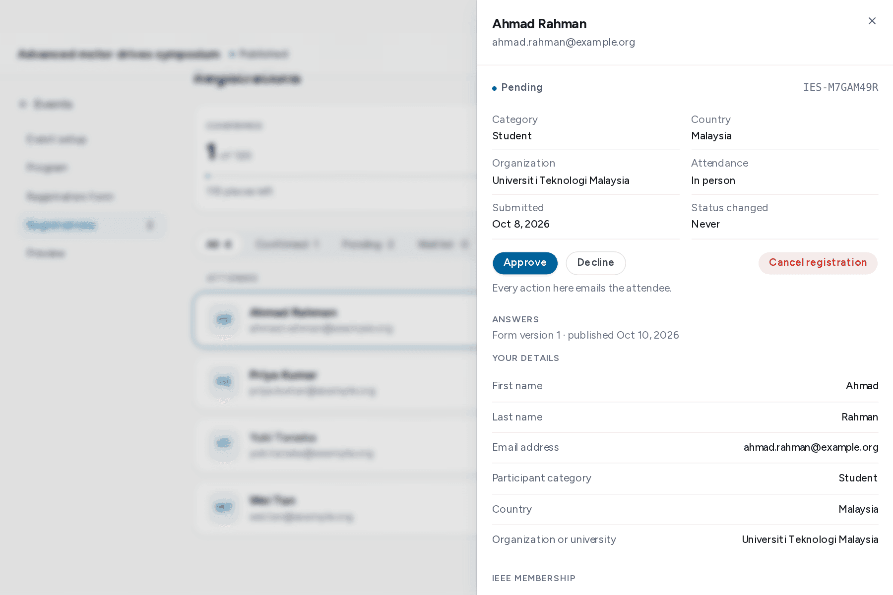 Registration panel with answers and the available actions