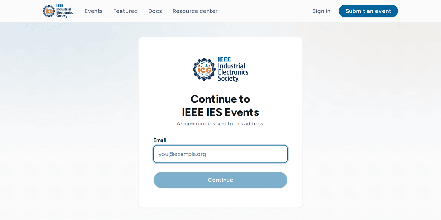 Sign-in page with an email field and a Continue button
